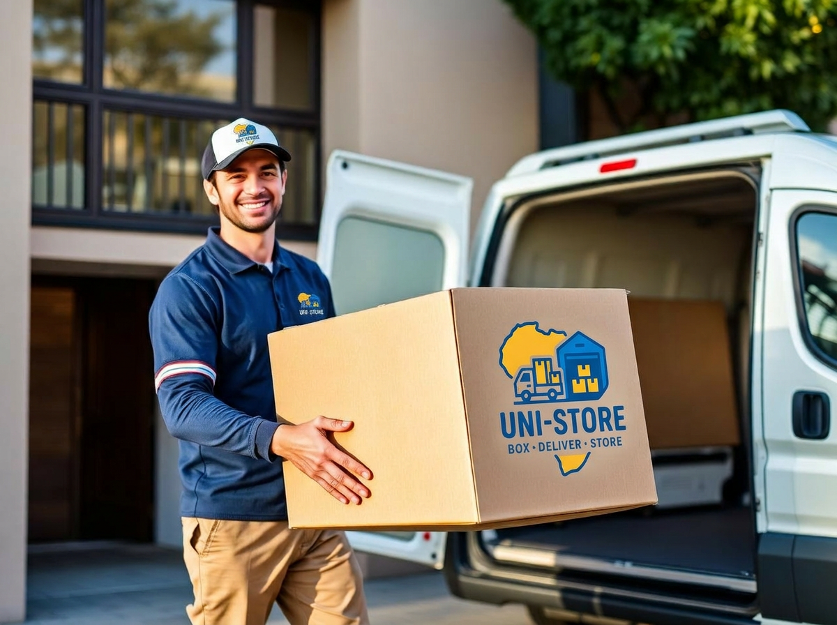 Uni-Store team member loading a sealed box into a delivery van